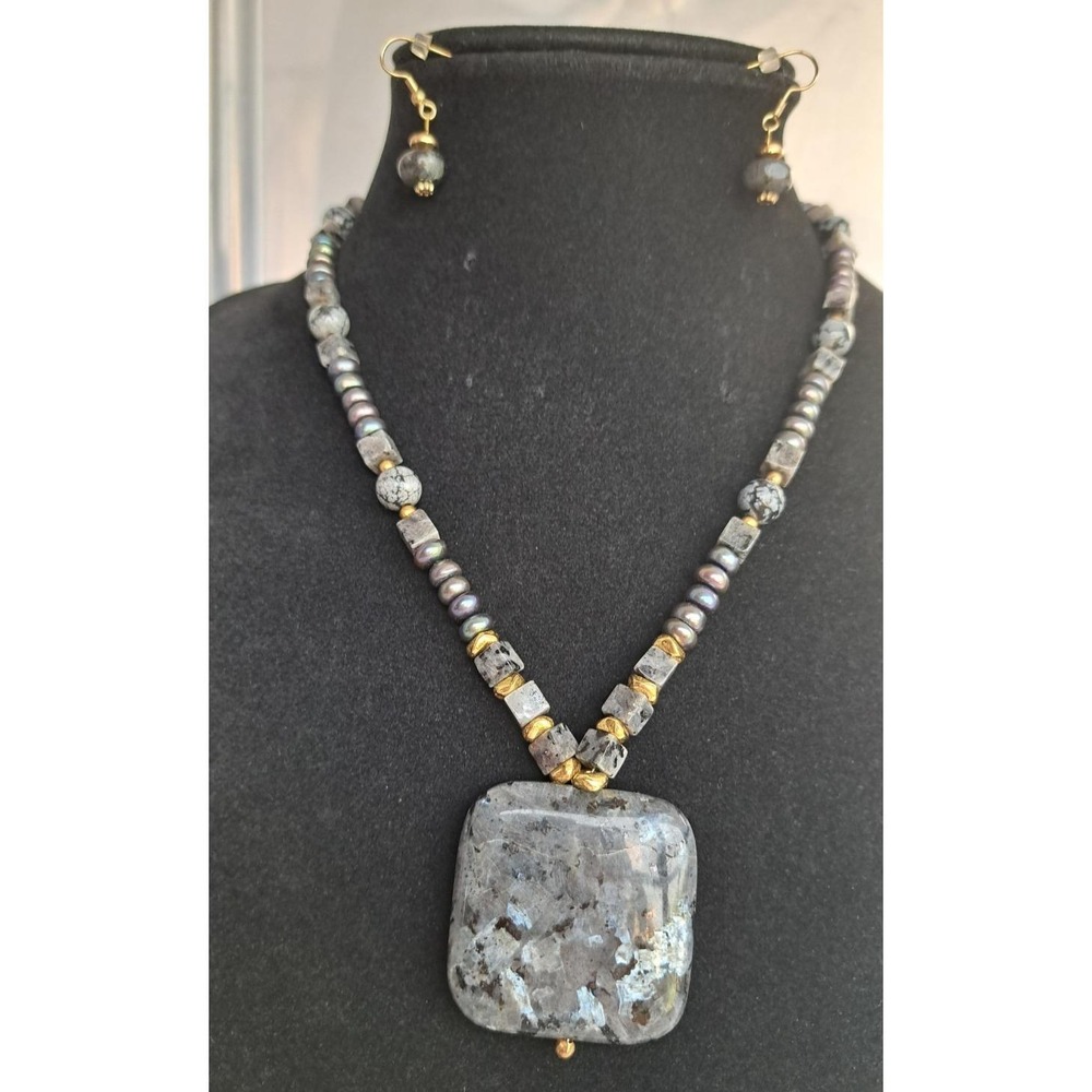 Fashion Jewelry Set Necklace Pendant Earrings Gemstone Beaded Larvikite Pearls